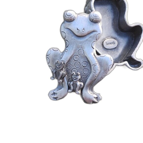 VTG Torino Pewter Frog Earrings Brooch Jewelry Trinket Box - Picture 4 of 10
